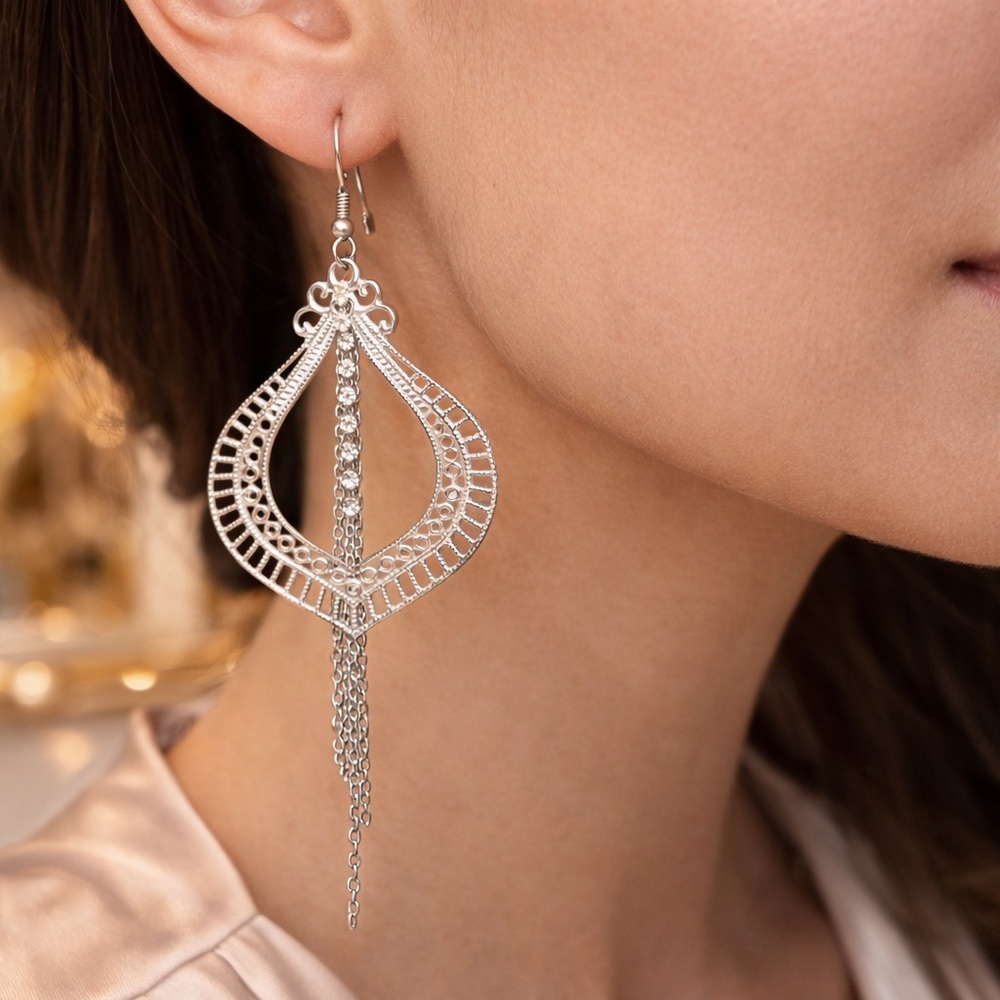Silver Filigree Chandelier Dangle Earrings Boho Statement Fairycore Delicate